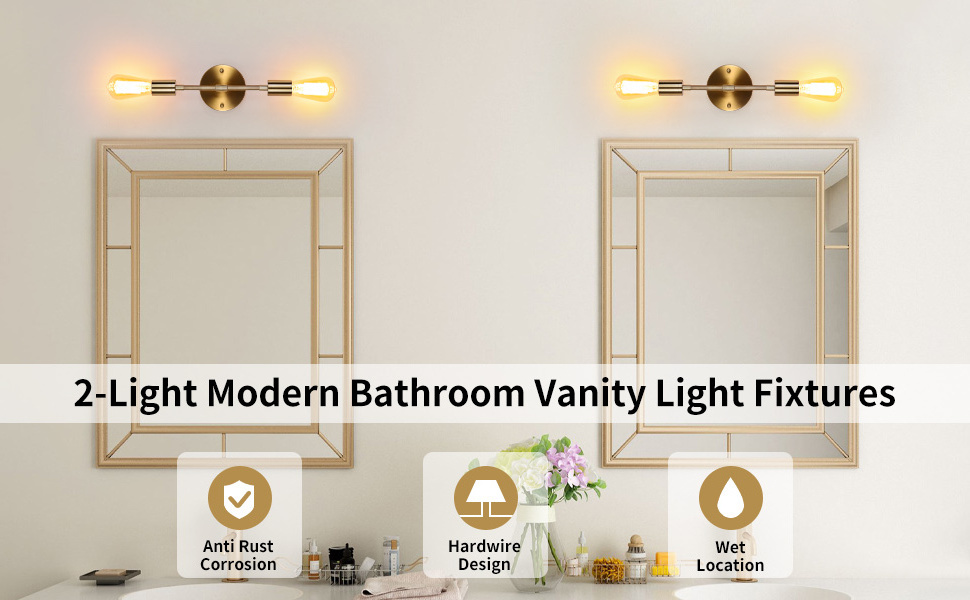 Gold Bathroom Light Fixtures,2 Light Bathroom Vanity Light Gold Wall Sconce for Toilet Hallway Porch Bedroom