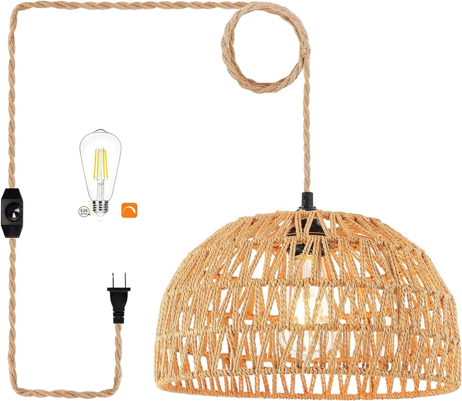 OPPstable Plug in Pendant Light Rattan Hanging Lights ,Boho Plug in Ceiling Light Fixtures