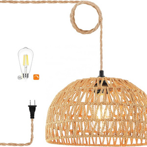 OPPstable Plug in Pendant Light Rattan Hanging Lights ,Boho Plug in Ceiling Light Fixtures