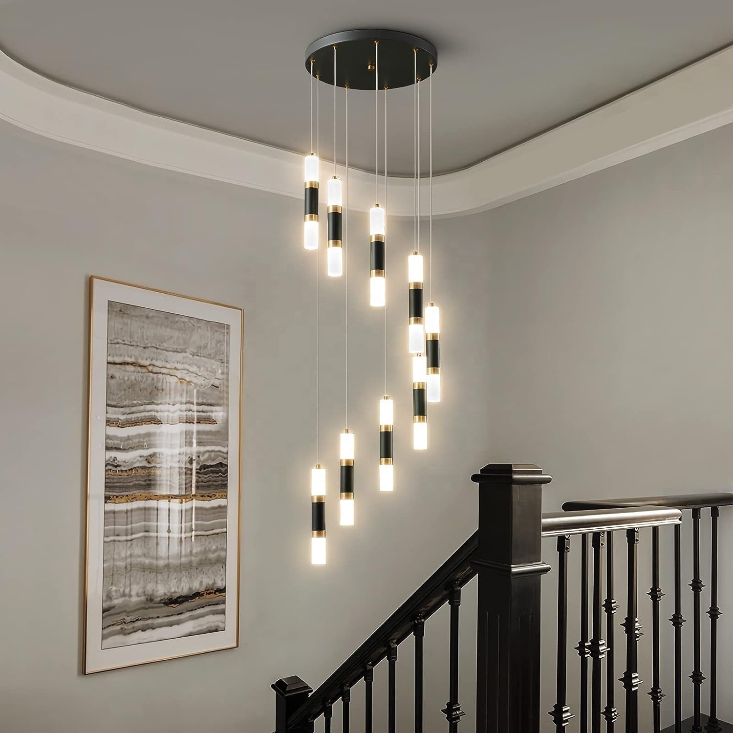 Black modern staircase chandelier, lighting dimmable villa staircase hanging large Pendant lamp