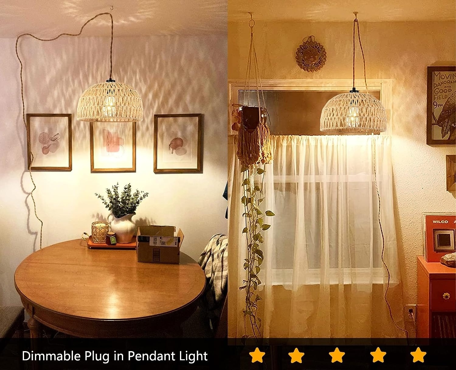 OPPstable Plug in Pendant Light Rattan Hanging Lights ,Boho Plug in Ceiling Light Fixtures