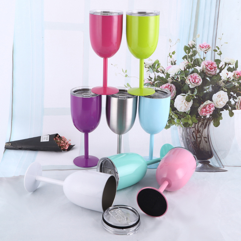 Newest insulated tumbler cup with lid stainless steel wine goblet 10oz Insulated Wine Glasses With Lid