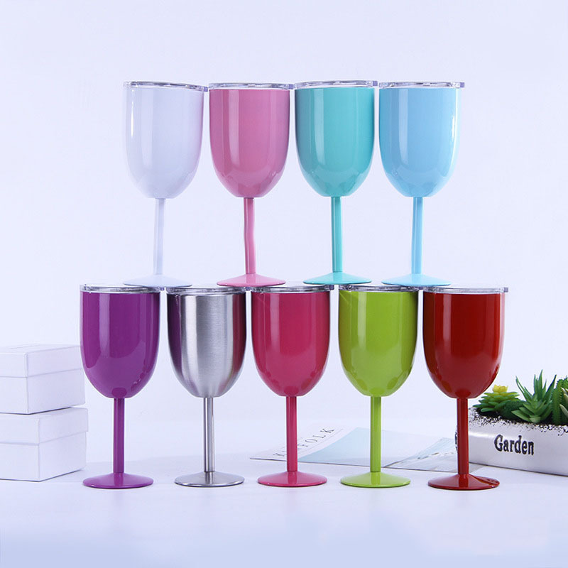 Newest insulated tumbler cup with lid stainless steel wine goblet 10oz Insulated Wine Glasses With Lid