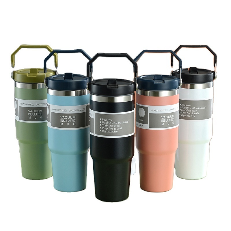 Promotional travel camping car coffee milk 20oz 30oz double wall stainless steel tumbler with handle and straw