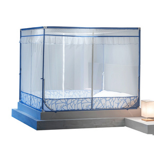 Square Top Canopy Bed Net With Elegant Lace Peaceful Blue Quadrate Mosquito Net For Bedroom