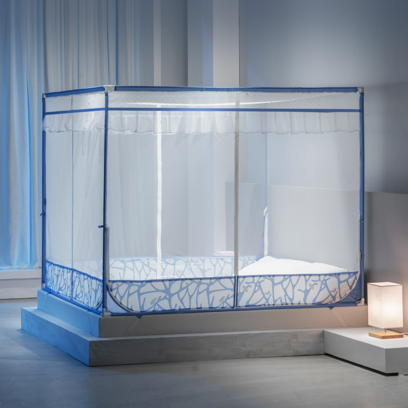 Square Top Canopy Bed Net With Elegant Lace Peaceful Blue Quadrate Mosquito Net For Bedroom