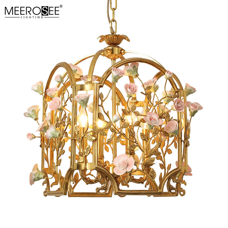 Meerosee Bird Cage Copper Lamp With Pink Ceramic Flower Modern chandeliers Home Decor Luxury Lights For Home Ceiling TD-1071