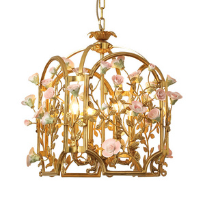 Meerosee Bird Cage Copper Lamp With Pink Ceramic Flower Modern chandeliers Home Decor Luxury Lights For Home Ceiling TD-1071