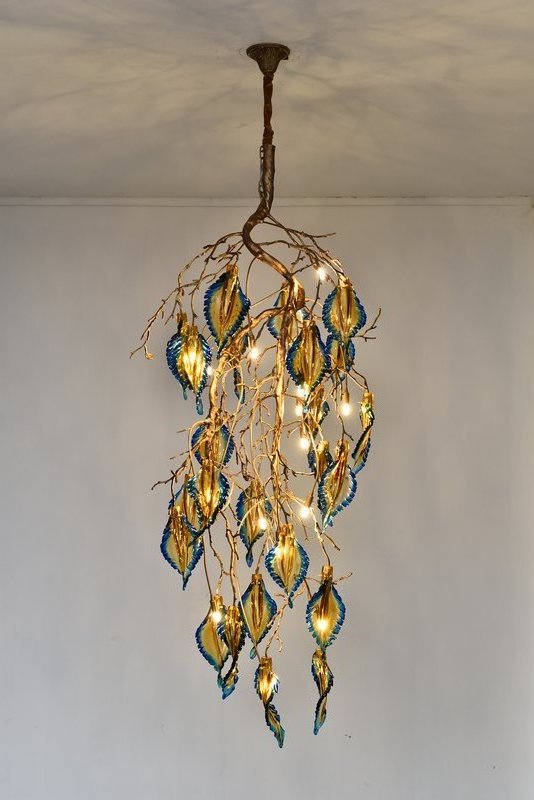 Meerosee Crystal Feathers Light Fixtures Large Copper Chandelier Long Brass Colorful Leaves Lamp Branch Light MD86959