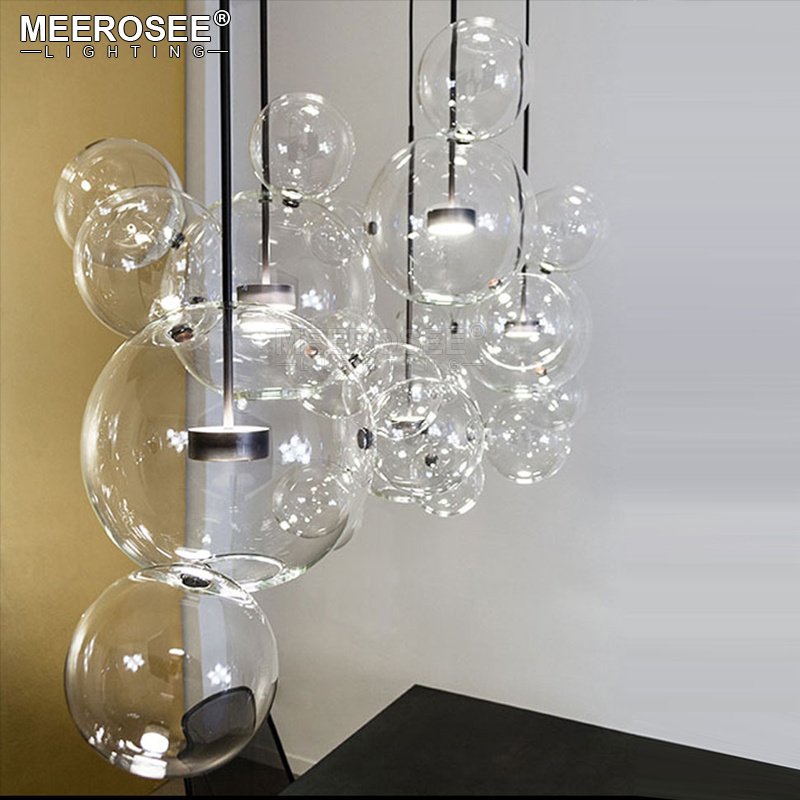 MEEROSEE Lamp Modern Bedroom Lamp Decorative Dining Room Chandelier Style Iron Art Glass Rustic Pendant Light Fixture MD86214