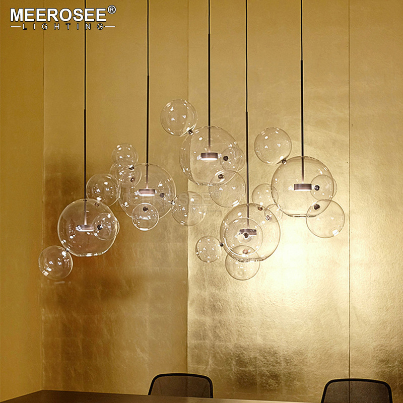 MEEROSEE Lamp Modern Bedroom Lamp Decorative Dining Room Chandelier Style Iron Art Glass Rustic Pendant Light Fixture MD86214