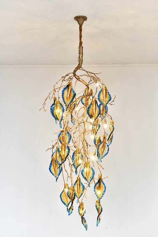 Meerosee Crystal Feathers Light Fixtures Large Copper Chandelier Long Brass Colorful Leaves Lamp Branch Light MD86959