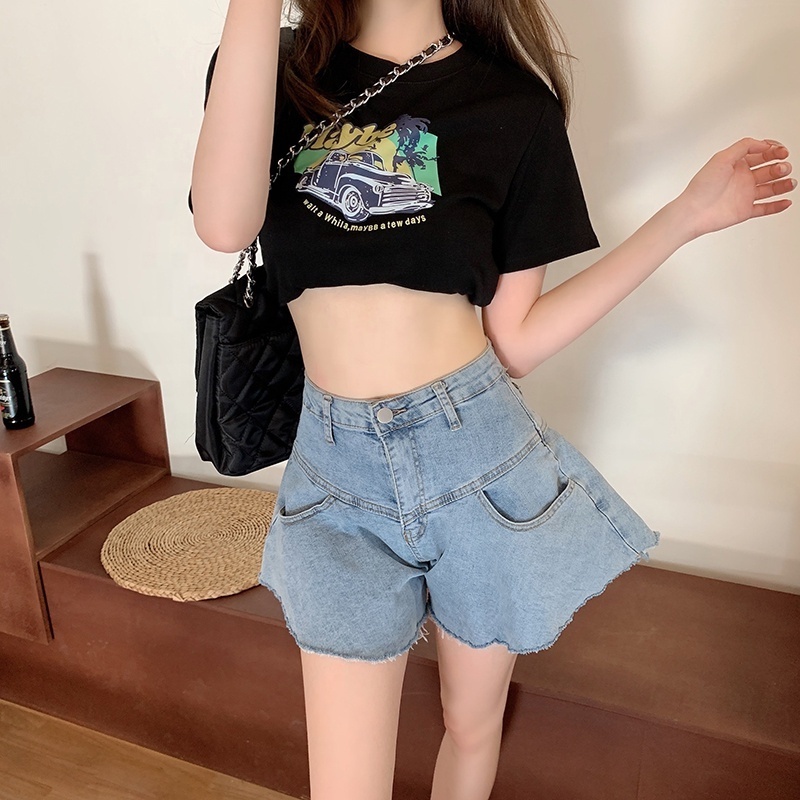 2022 New Design Women Denim Hot Shorts Ruffle Hem Wide Leg Women Shorts Umbrella Flared Women Hot Shorts