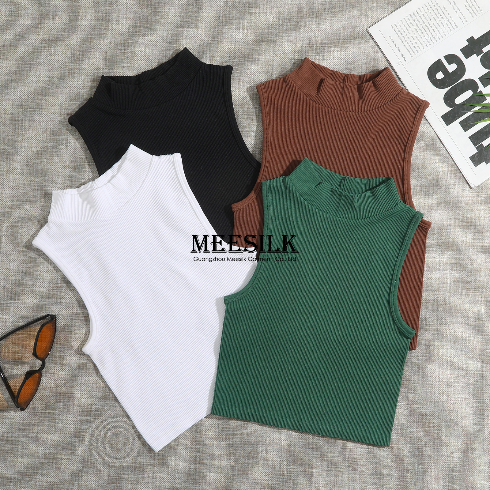 High Quality Women's Cotton Spandex Short Tank Tops Screen Print Fashion Mock Collar Tops Ladies Ribbed Crop Tank Top Womens