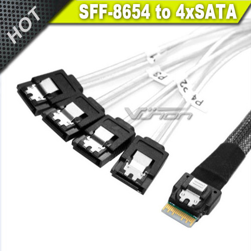 60cm Slim Line SAS 4.0 SFF-8654 4i 38Pin Host to 4 SATA 7Pin Target Hard Disk Fanout Raid Cable