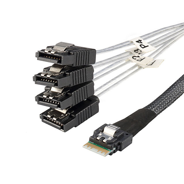 60cm Slim Line SAS 4.0 SFF-8654 4i 38Pin Host to 4 SATA 7Pin Target Hard Disk Fanout Raid Cable