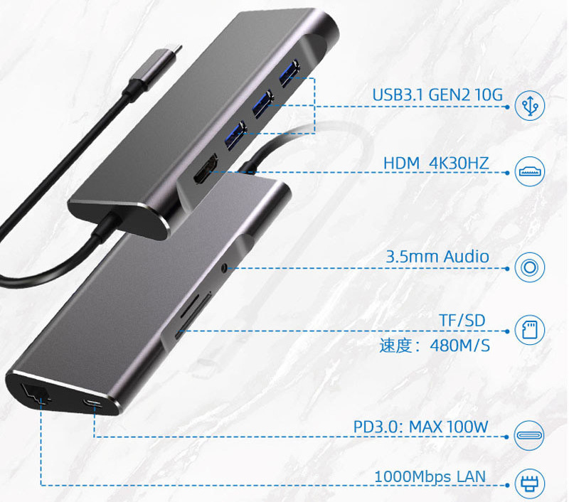 9 in 1 USB Type C Hub Adapter 4K HDM PD Charging USB3.0 Docking Station