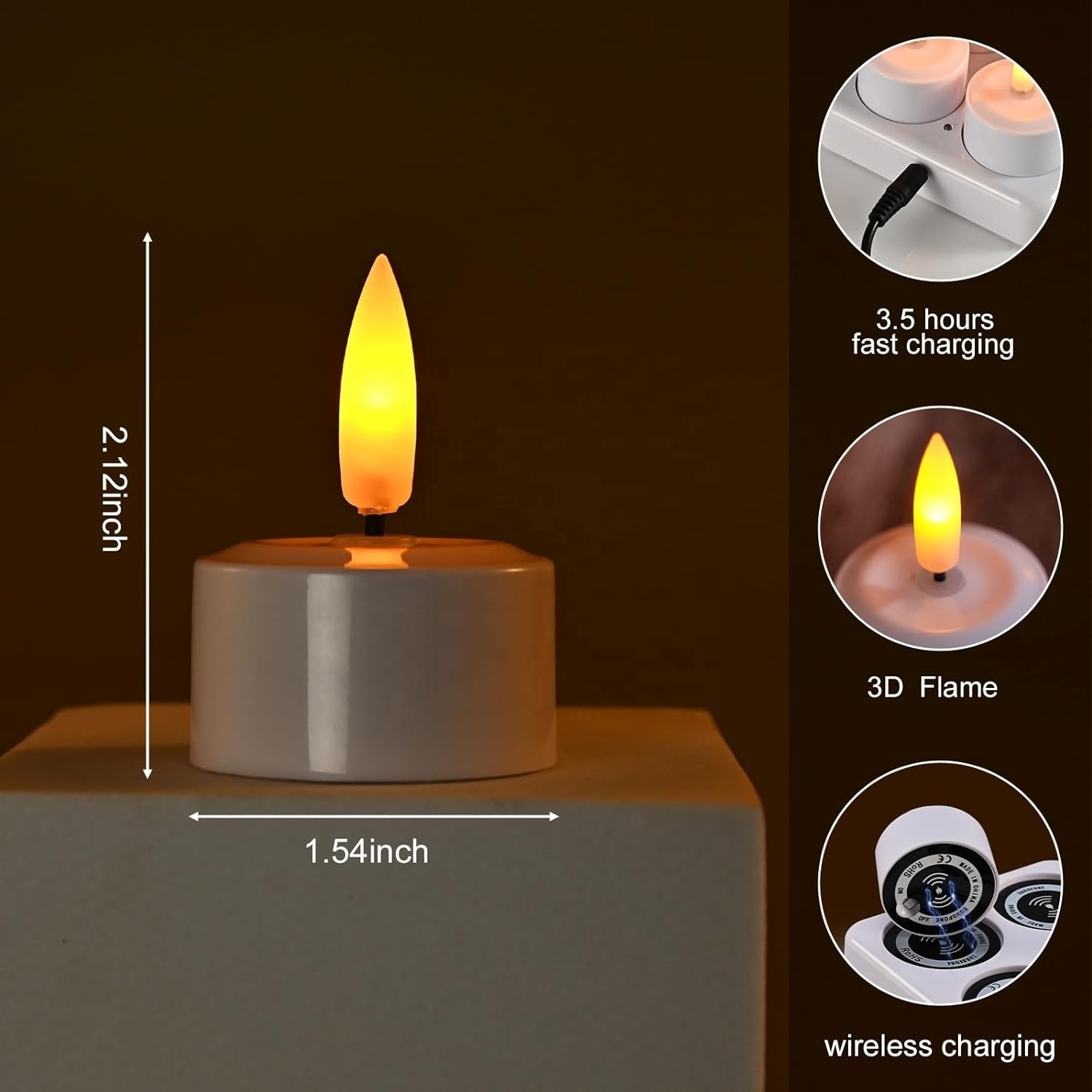 6 Packs 3D Black Wick Led Flameless Wireless Charging Tea Lights Candles with Remote Control for Romantic Valentine's Day Decor