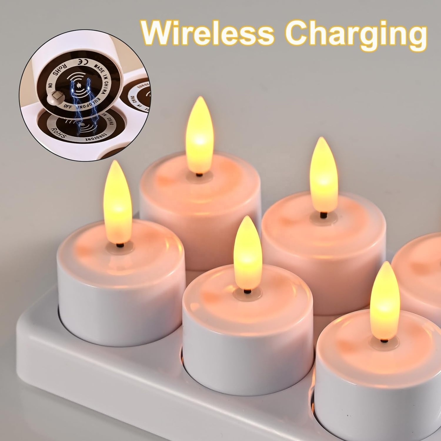 6 Packs 3D Black Wick Led Flameless Wireless Charging Tea Lights Candles with Remote Control for Romantic Valentine's Day Decor