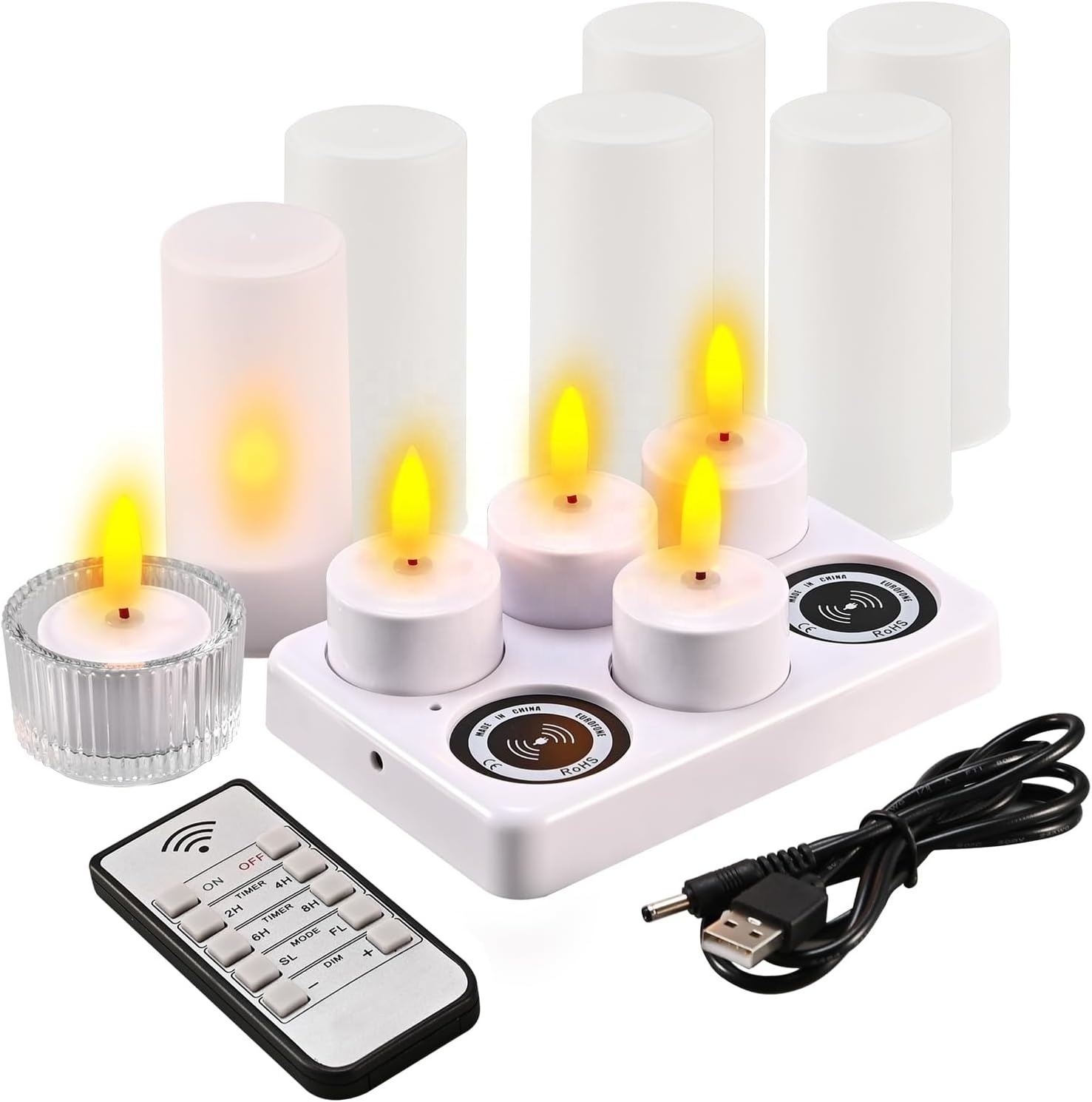 6 Packs 3D Black Wick Led Flameless Wireless Charging Tea Lights Candles with Remote Control for Romantic Valentine's Day Decor