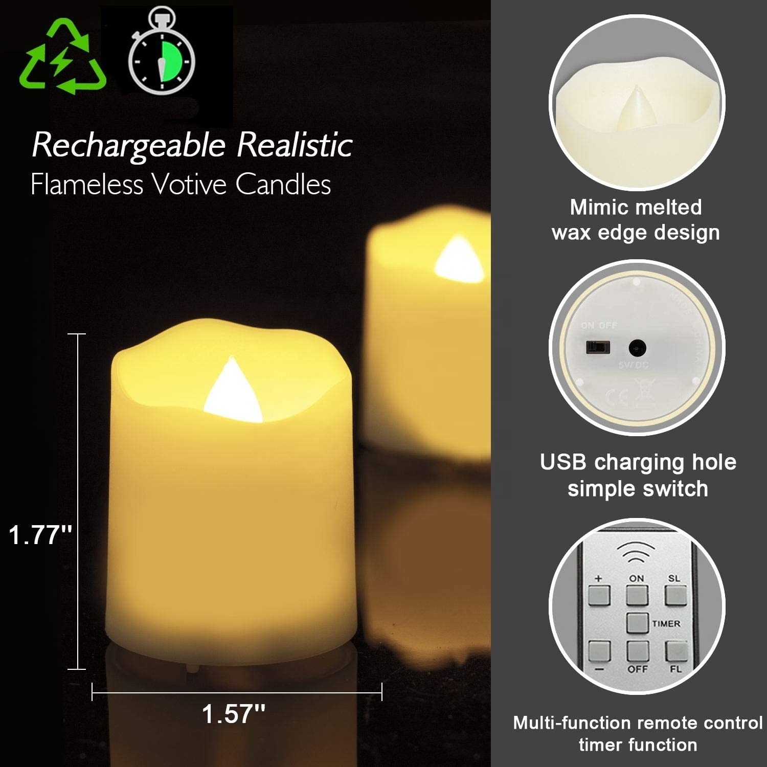 Rechargeable Flameless Votive Candles with Remote, Tea Lights with Timer and USB Charging, 6 PCS Electric Candle in Warm White