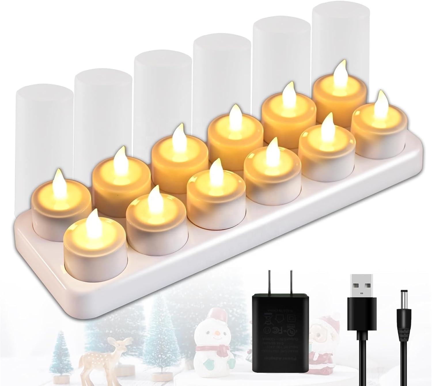 Rechargeable Candles Flameless Flickering LED Tea Lights with White Base and AC Adapter for Home, Restaurants, Wedding,Christmas