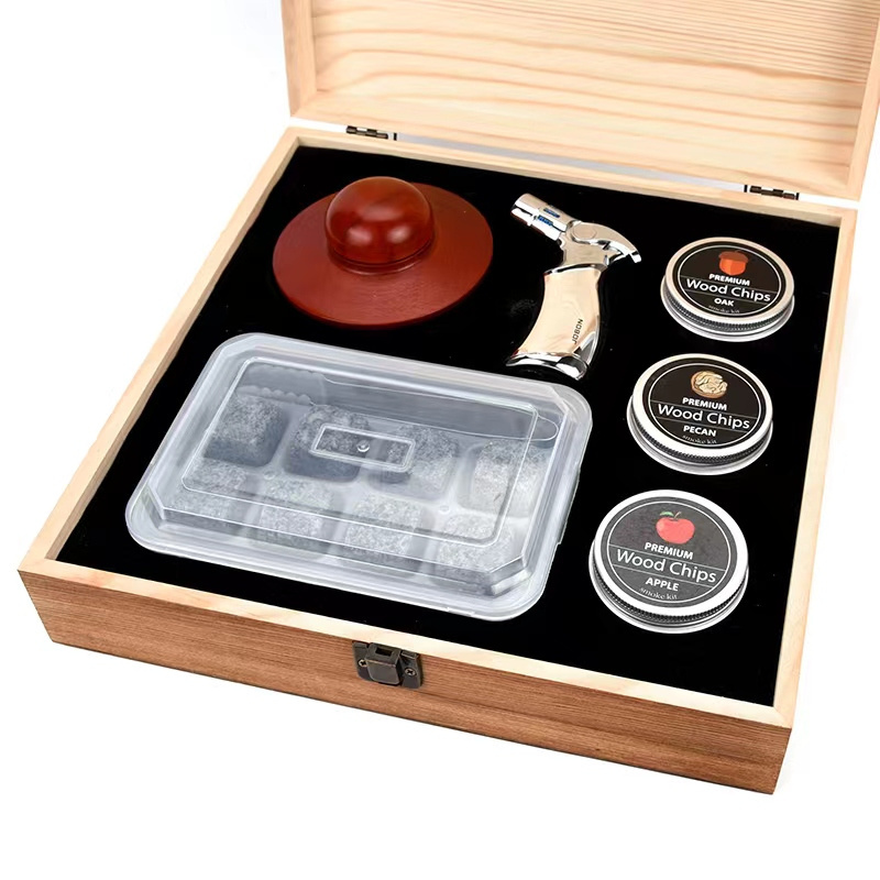 2023 New smokeware kit mahogany box packaging bubble wine ice stone increase fragrance wood chip torch for dad get gift