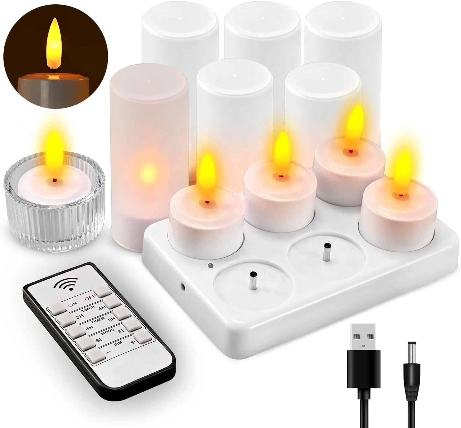 Hot Rechargeable Candles Flameless Flickering LED Tea Lights with Remote & Timer and White Base for Home, Restaurants,Wedding