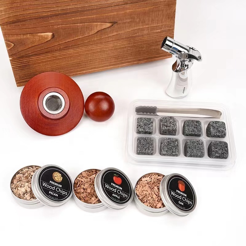 2023 New smokeware kit mahogany box packaging bubble wine ice stone increase fragrance wood chip torch for dad get gift