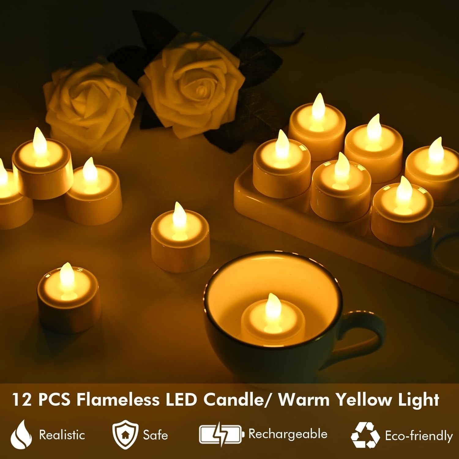 Fast Delivery 12pcs/set Flickering Warm Yellow Light ,Candle Light Flameless Rechargeable Led Tea Light Candles With Timer