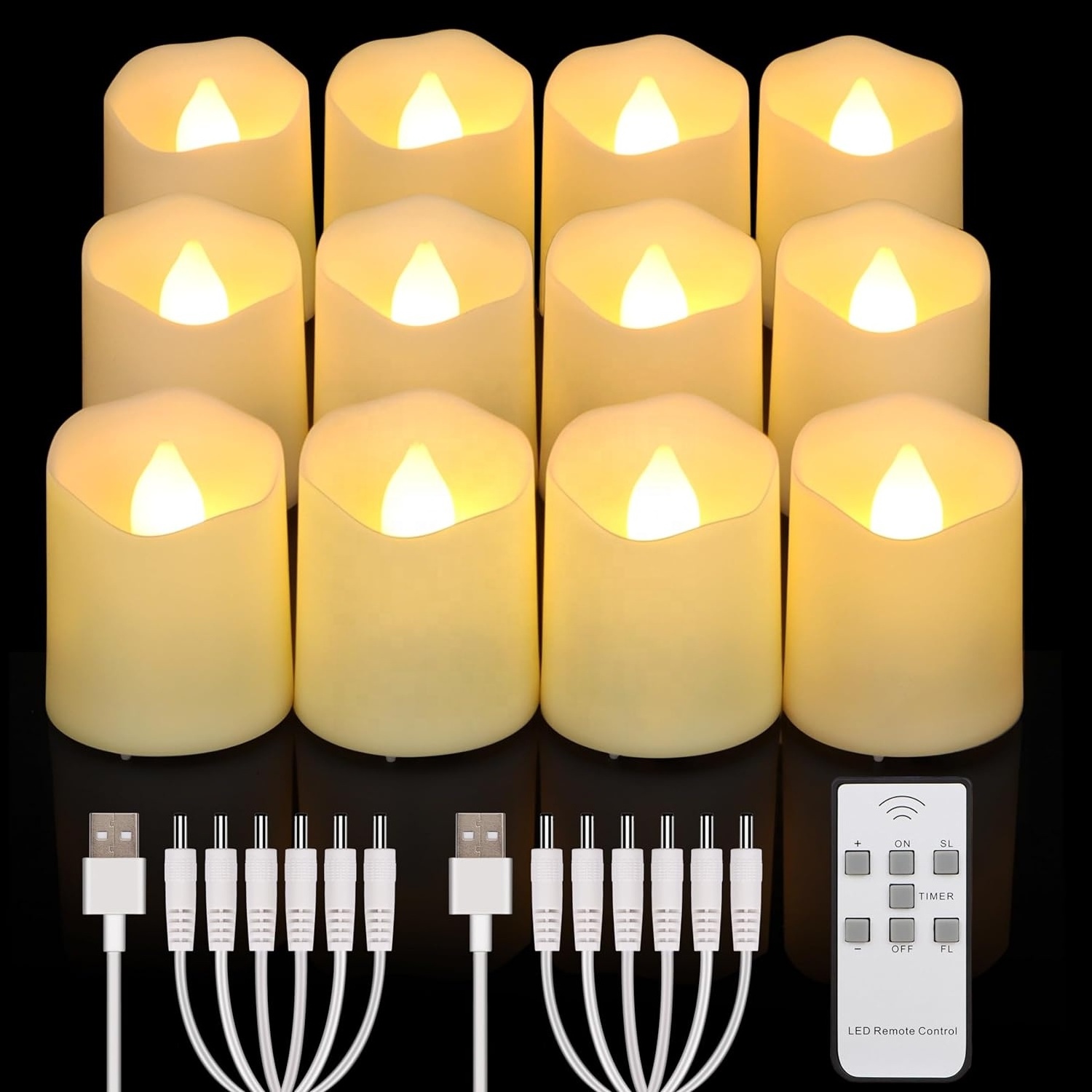 USB Rechargeable Flameless LED Tea Lights Warm White Candles with Remote Battery Flickering Candle for Halloween Christmas Home