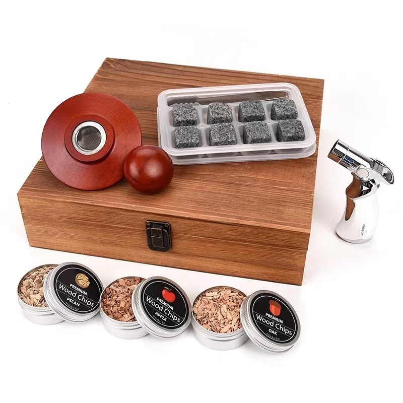 2023 New smokeware kit mahogany box packaging bubble wine ice stone increase fragrance wood chip torch for dad get gift