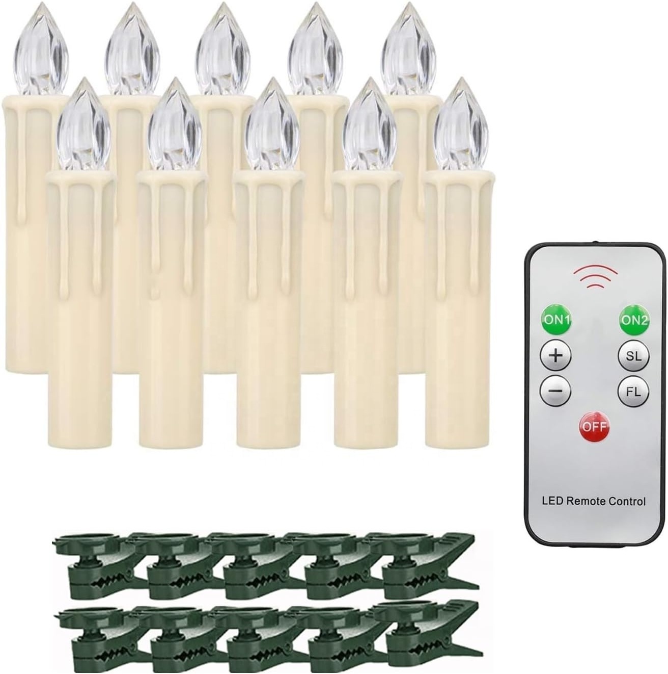 Warm White Christmas Tree Clip-on Taper Candles with Flickering Flame Battery Operated Candle with Timer and Remote, Pack of 10