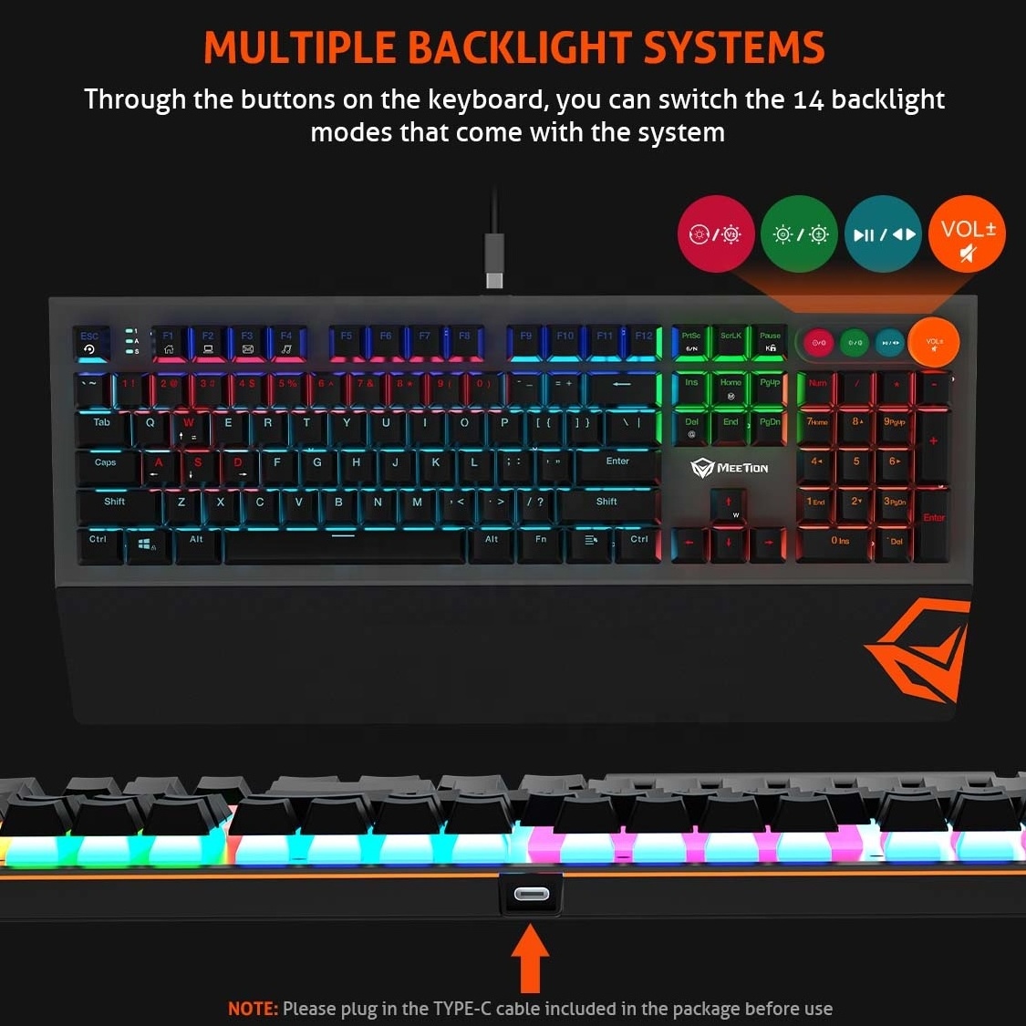 MEETION MT-MK500 Mechanical Gaming Keyboard With LED Backlit 104-Key Blue Switch Keyboard And Four Special Knobs