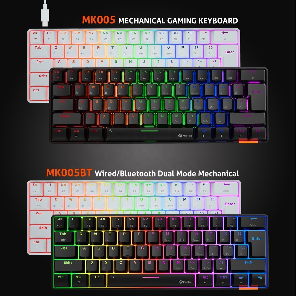 MEETION 64 Keys Keyboard 60% RGB LED Backlit Bluetooth Mechanical Keyboard Teclado Gamer wireless Ergonomic Mini Gaming Keyboard