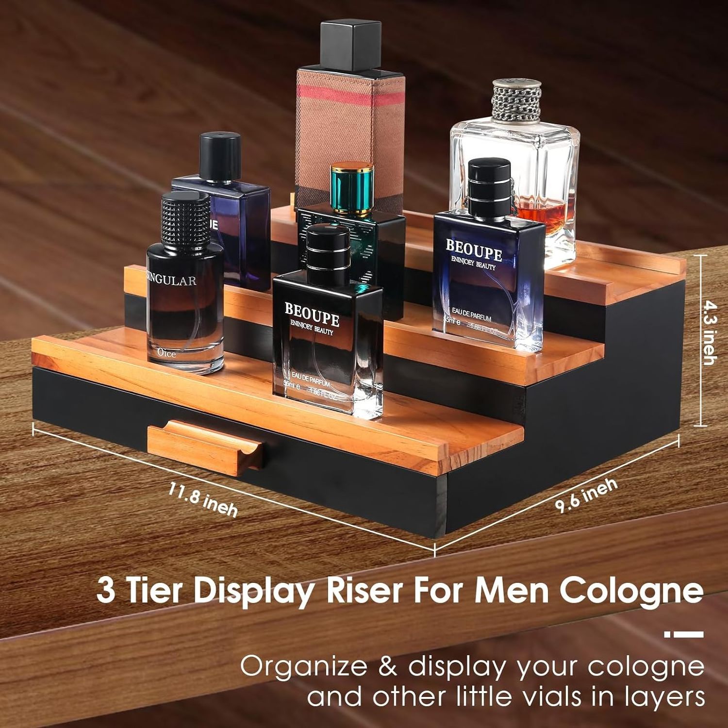 Wooden Cologne Organizer for Men 3 Tier Elevated Perfume Display Shelf with Drawer and Hidden Compartment