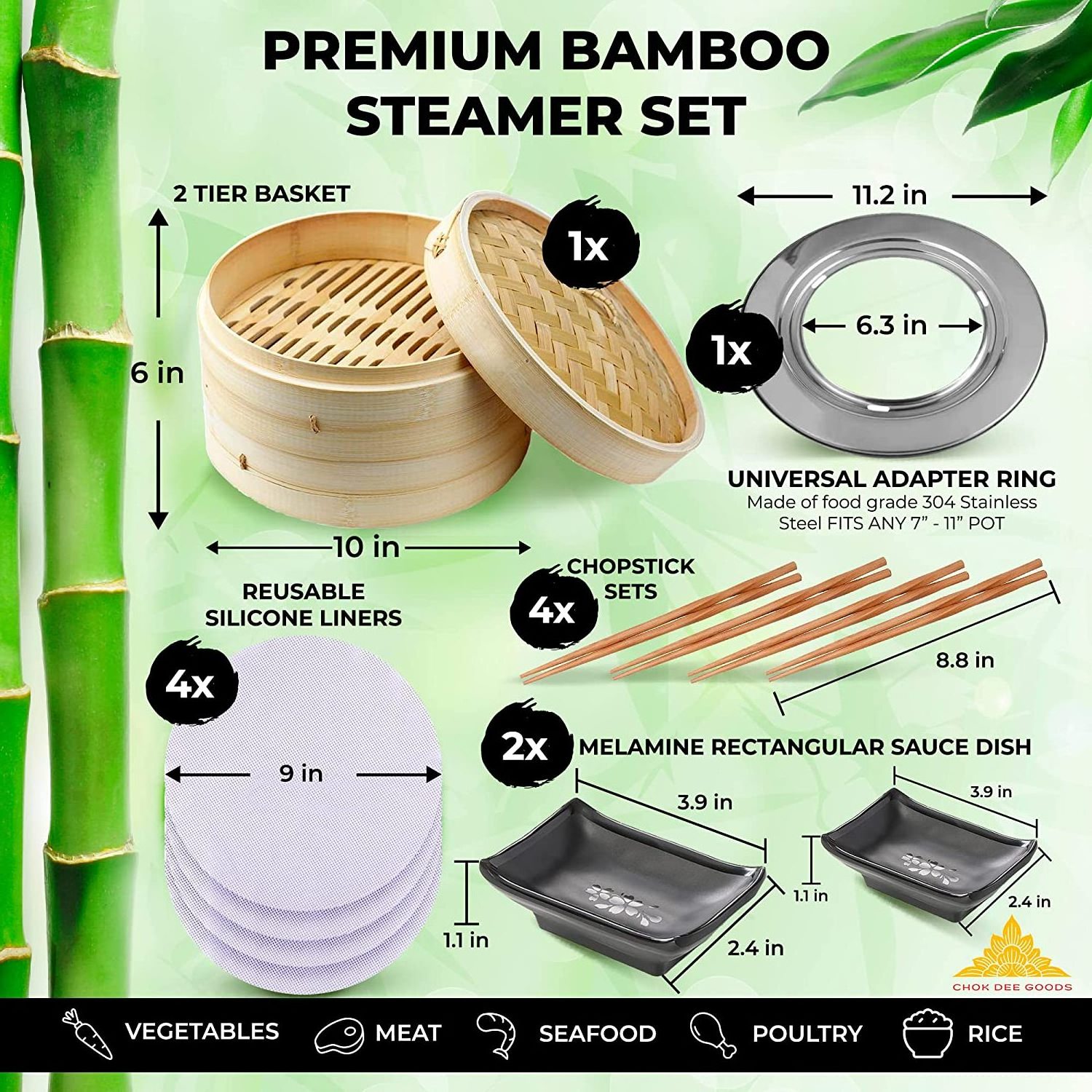 Bamboo Steamer Premium Set, Stainless Steel Cooking Ring Included, 10