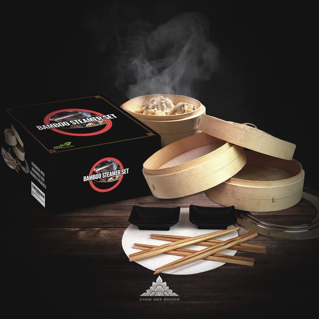 Bamboo Steamer Premium Set, Stainless Steel Cooking Ring Included, 10