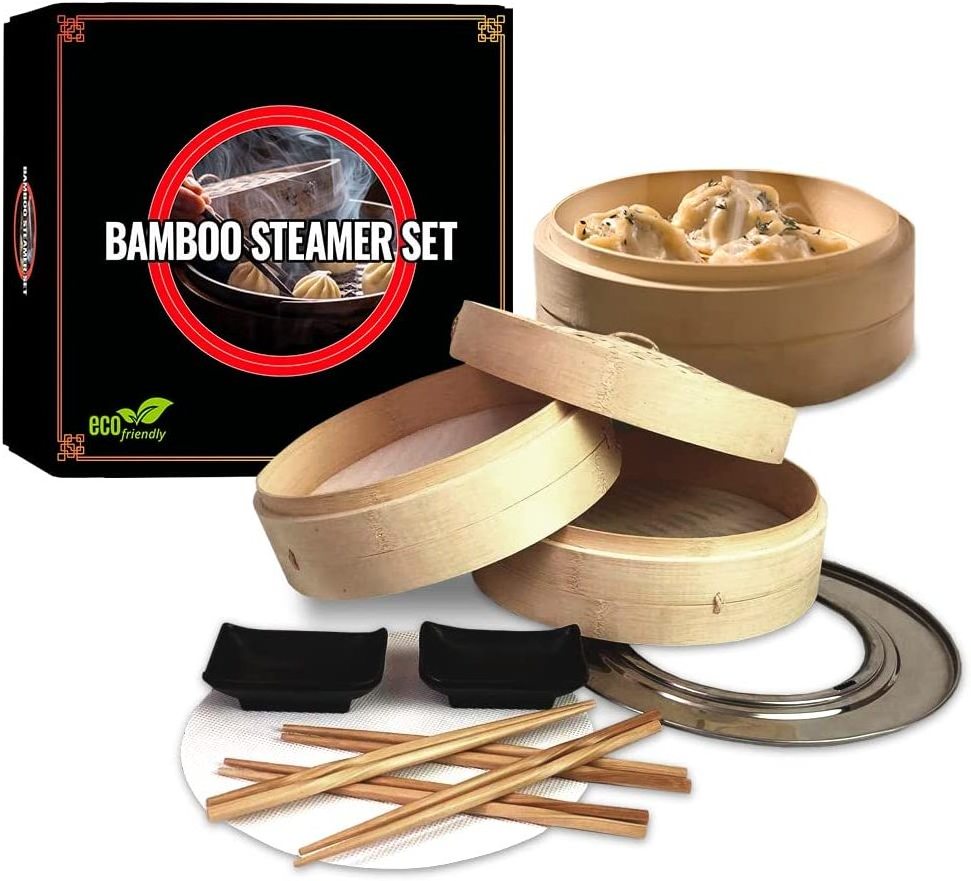 Bamboo Steamer Premium Set, Stainless Steel Cooking Ring Included, 10