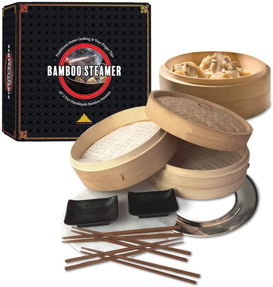 Bamboo Steamer Premium Set, Stainless Steel Cooking Ring Included, 10