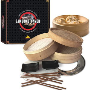 Bamboo Steamer Premium Set, Stainless Steel Cooking Ring Included, 10" 2 Tier Basket