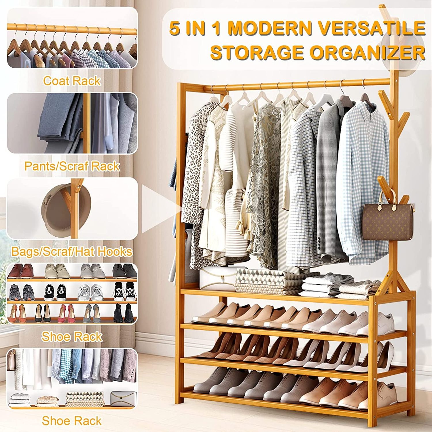 Bamboo Entryway Coat Rack, Hall Tree with Shoe Storage, Coat Rack Stand with 6 Hooks