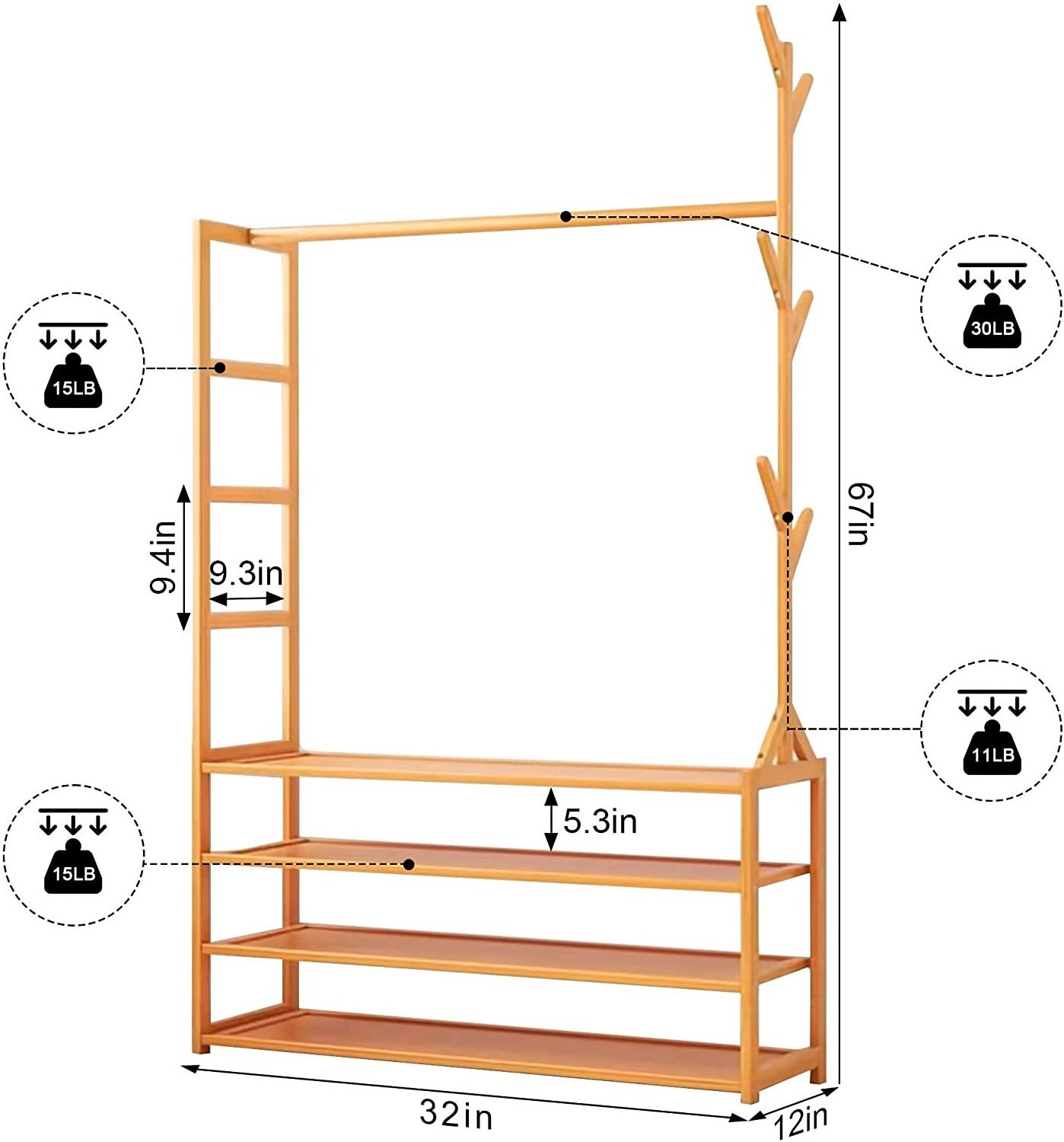 Bamboo Entryway Coat Rack, Hall Tree with Shoe Storage, Coat Rack Stand with 6 Hooks