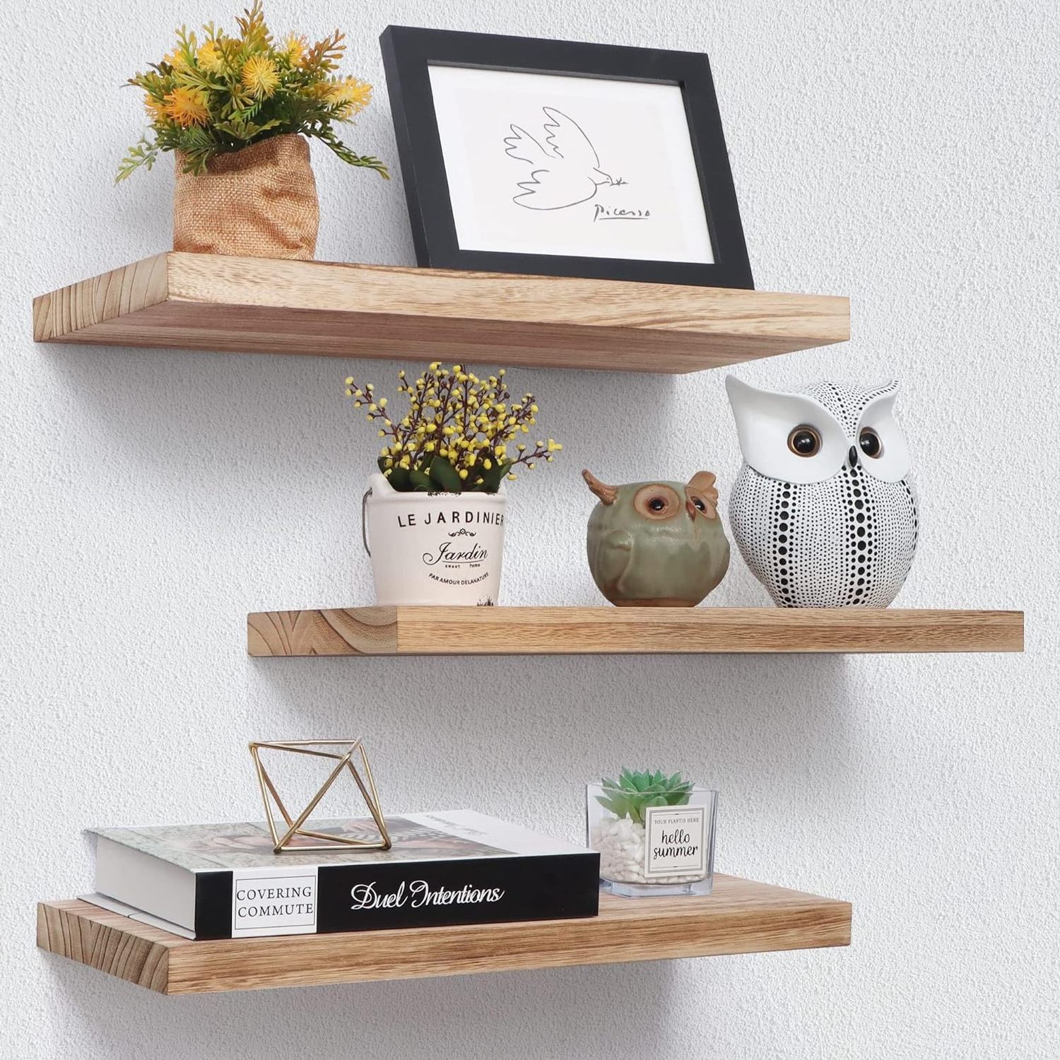 17 Inch Wall Shelf Set of 3, Rustic Wood Shelves for Wall Storage, Wall Mounted Wooden Display Shelf