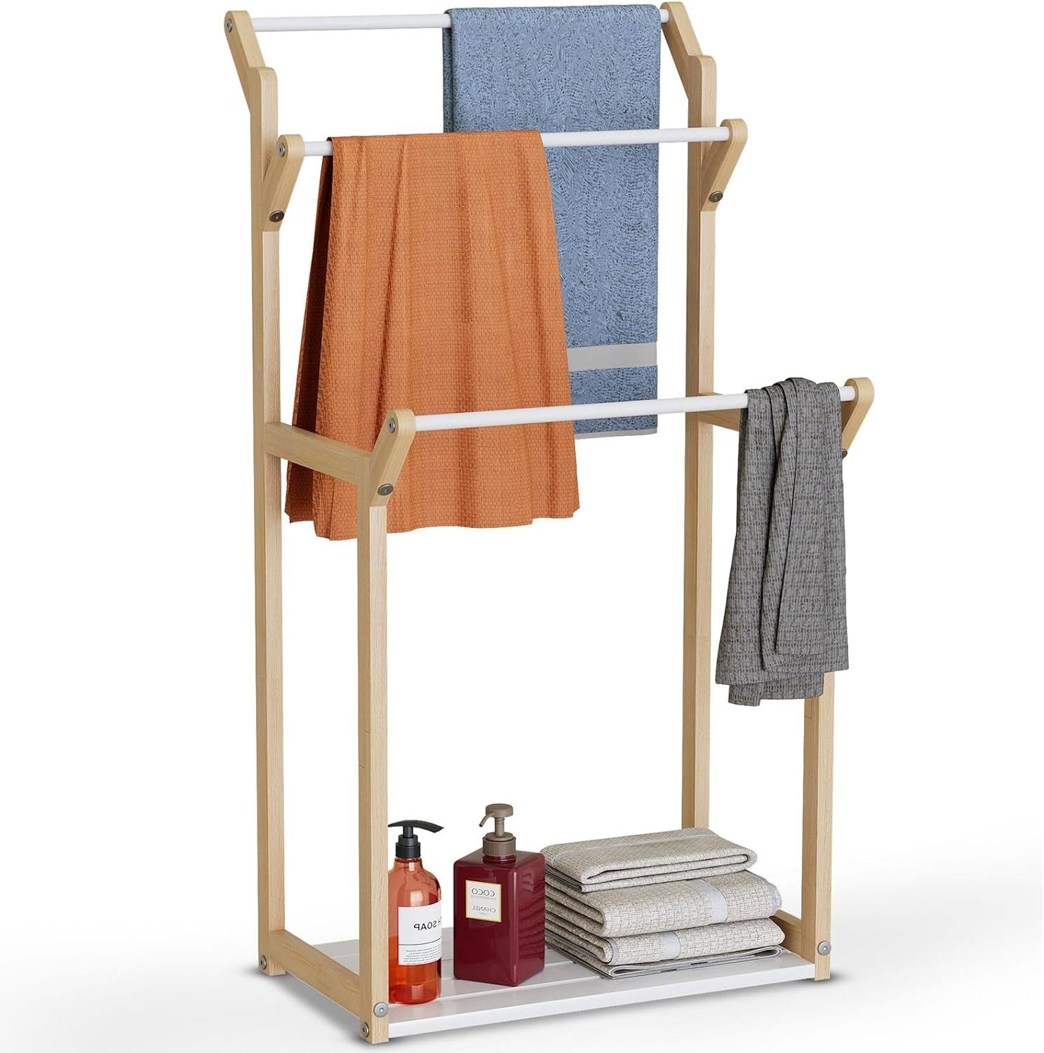 3 Tier bamboo cloth rack and shoe rack with bamboo coat rack for Hand Towel