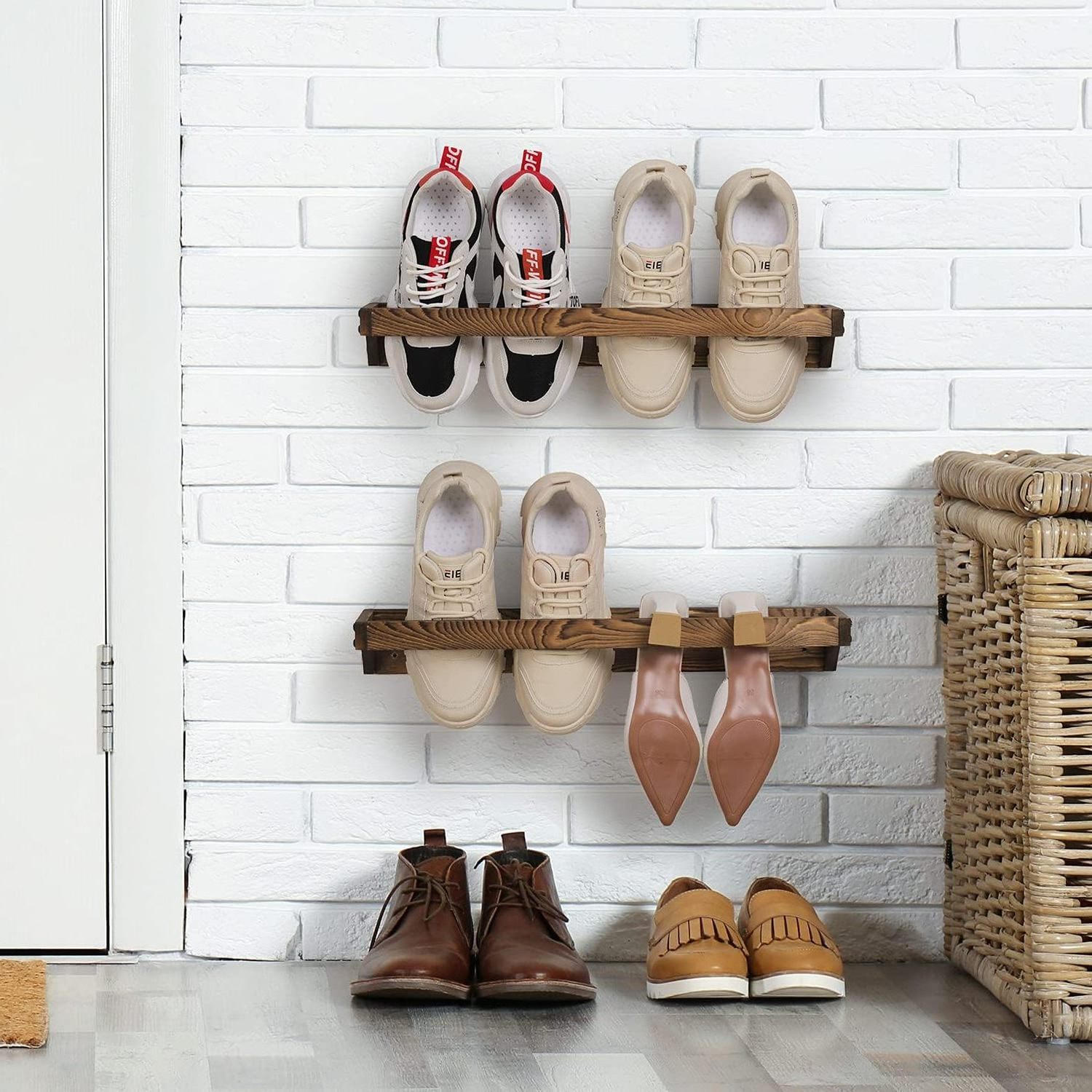 Set of 2 Solid Wood Wall Mounted modern shoe rack Storage Organizer with Rustic Burnt Wood