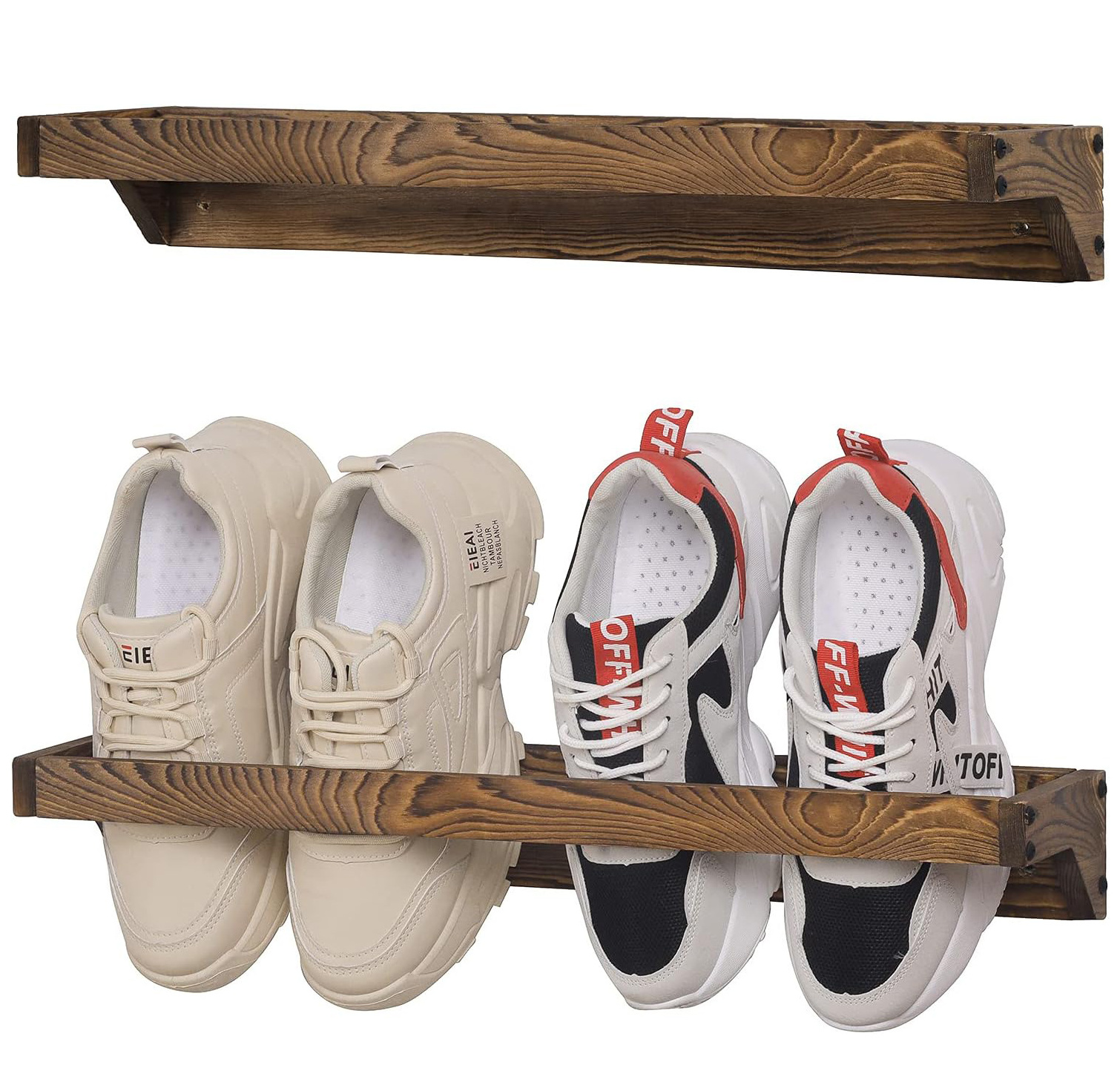 Set of 2 Solid Wood Wall Mounted modern shoe rack Storage Organizer with Rustic Burnt Wood