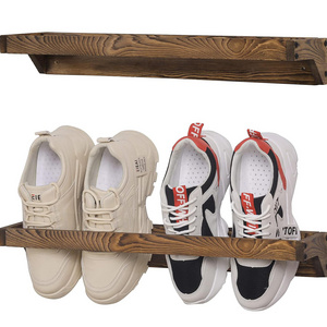 Set of 2 Solid Wood Wall Mounted modern shoe rack Storage Organizer with Rustic Burnt Wood