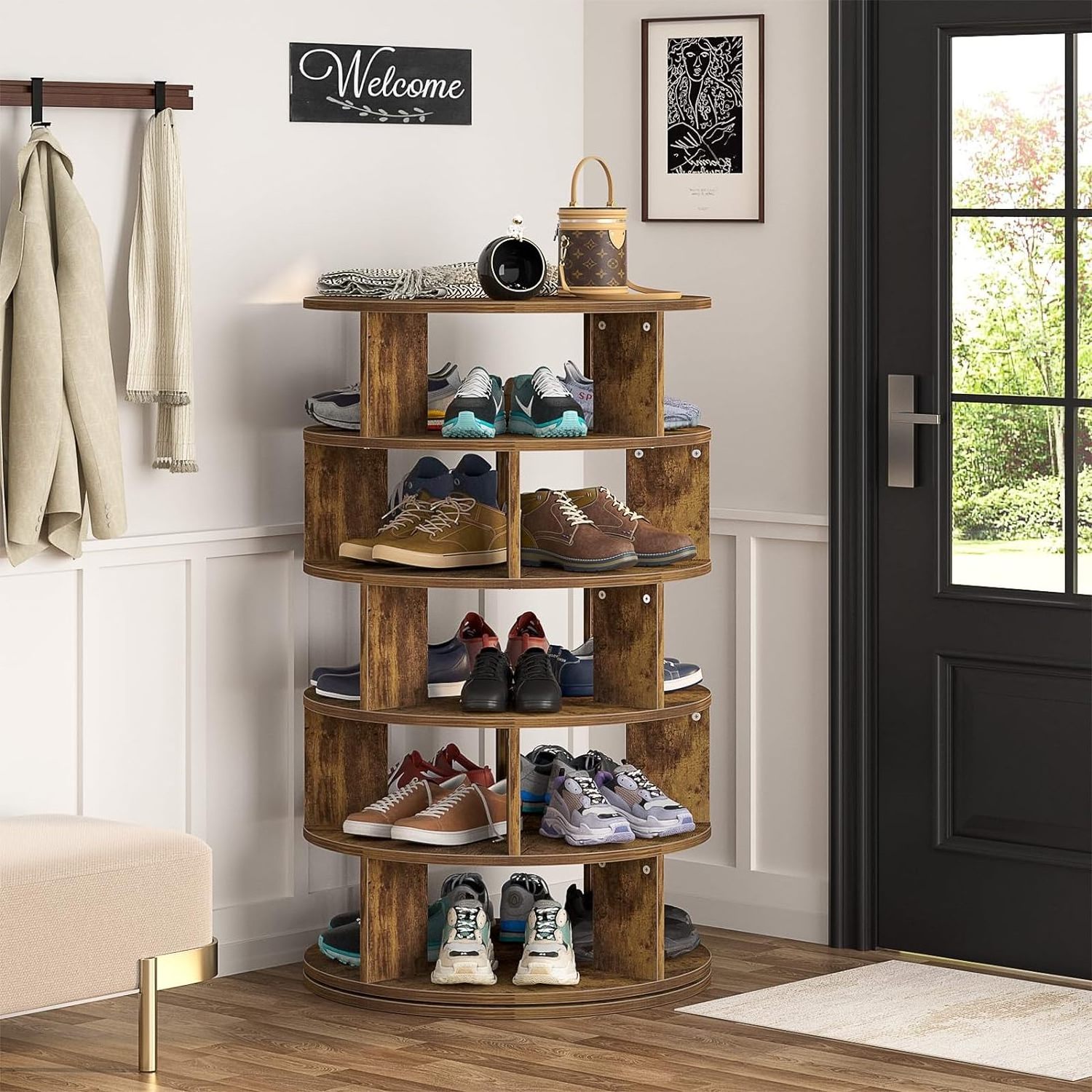 Rotating Shoe Rack, 5-Tier Wood Shoe Organizer for Closet 360 rotating shoe rack Tower Space