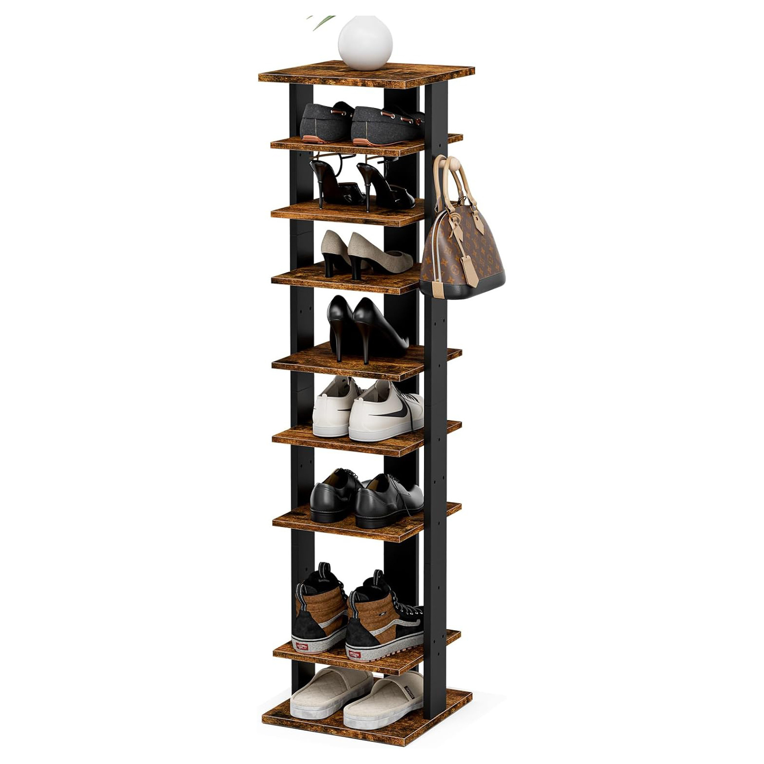 9 Tier shoe rack with hangers Tall Shoe Tower,shoes rack stand organizer with wood